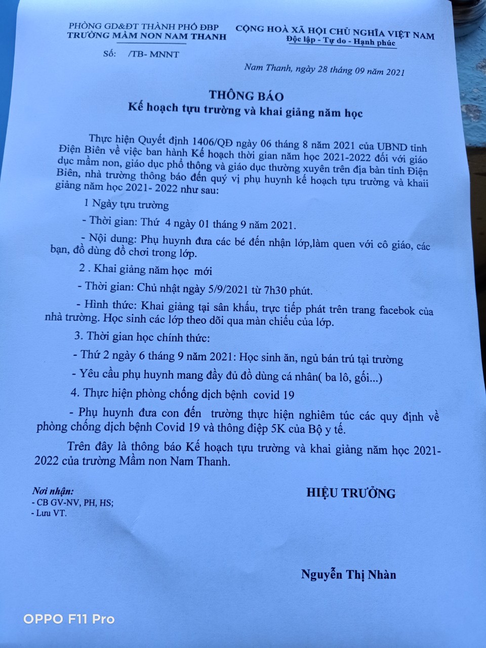 THÔNG BÁO KẾ HOẠCH TỰU TRƯỜNG