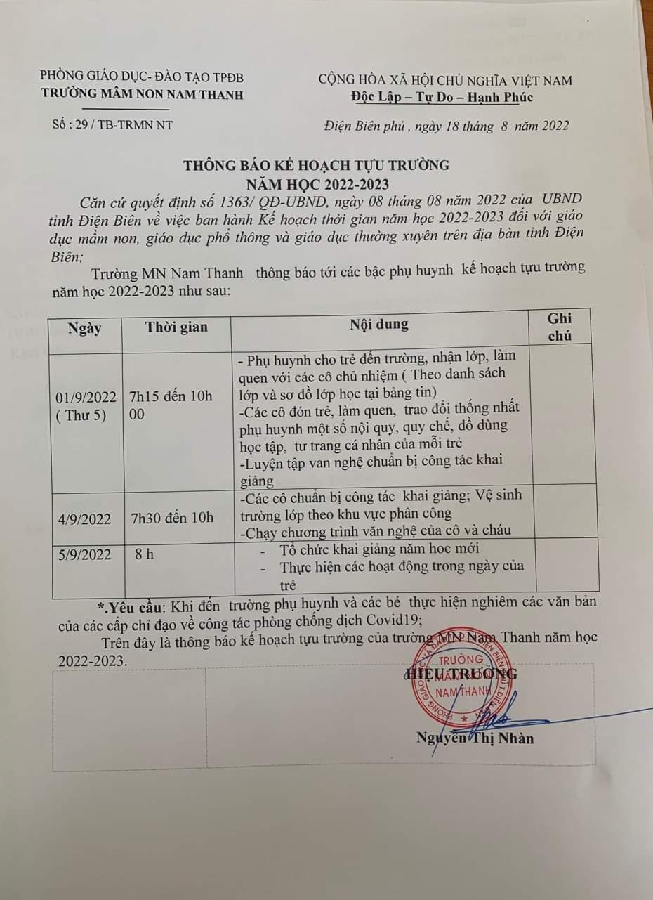 THÔNG BÁO KẾ HOẠCH TỰU TRƯỜNG